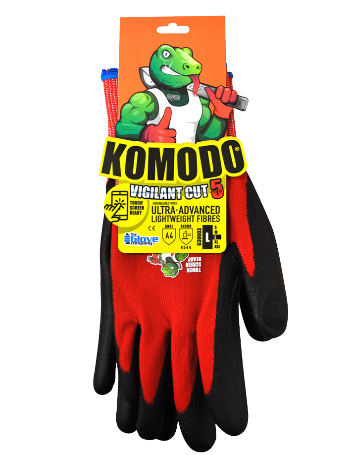 KOMODO Vigilant Cut 5 Glove Hi-Vis Red on hang tag