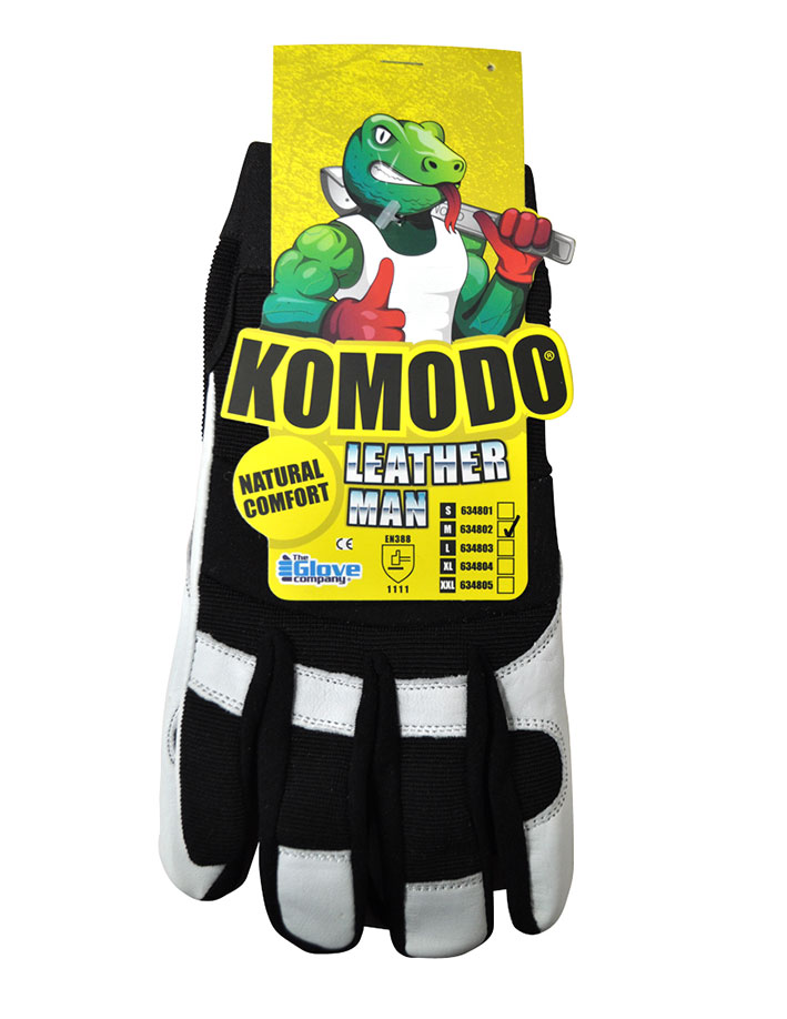 KOMODO Leather Man Gloves on Hang Tag