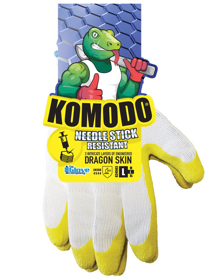 KOMODO Dragon Skin Needle Stick Resistant Gloves on Hang Tag