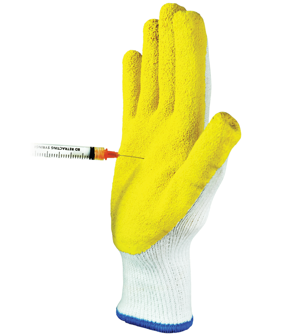 KOMODO Dragon Skin Needle Stick Resistant Gloves resisting a needle puncture on the palm