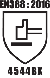 The mechanic risk protection symbol, EN388. A shield-shaped symbol with a mallet inside