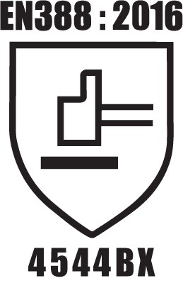 The mechanic risk protection symbol, EN388. A shield-shaped symbol with a mallet inside