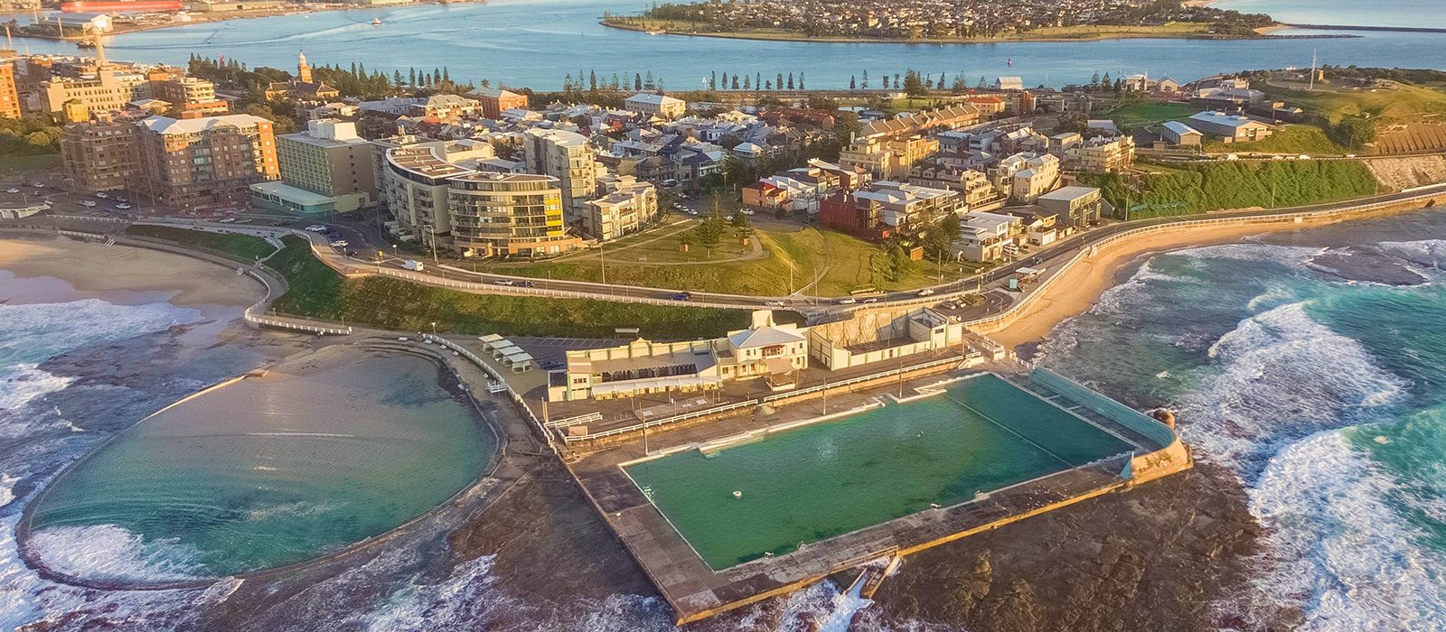 Newcastle beach and ocean baths from the sky