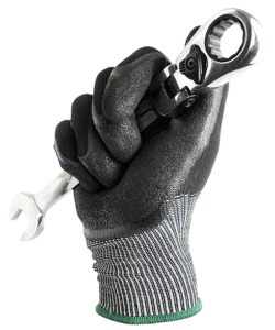 Komodo Mechanics Black Reusable Glove with Nitrile Dip Coating On Palm - Holding wrench