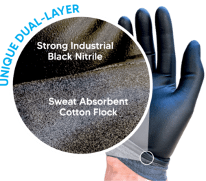 The Glove Company's X-Guard Black Nitrile Glove - Zoomed in close up of the two layers. The top layer is labelled 'Strong Industrial Black Nitrile' and the inner layer is labelled 'Sweat Absorbent Cotton Flock'.