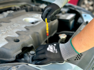 An automotive mechanic wearing Komodo Mechanic gloves while pulling a dip stick up from the open car bonnet