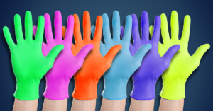 6 coloured disposable gloves on hands