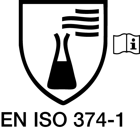 Symbol for chemical resistance, EN374-1. A shield shaped symbol with a fuming beaker inside.