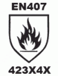 Heat protection symbol, EN407. A shield-shaped symbol with flames burning inside.